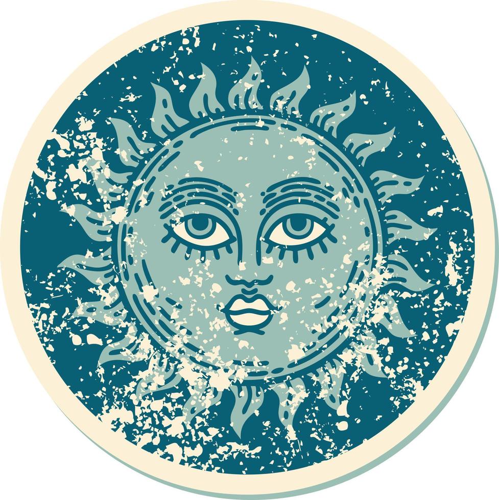 image emblématique de style tatouage autocollant en détresse d'un soleil avec visage vecteur