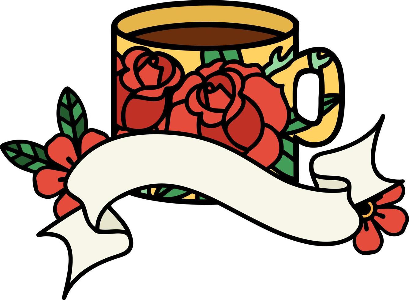 tatouage traditionnel avec bannière d'une tasse et de fleurs vecteur