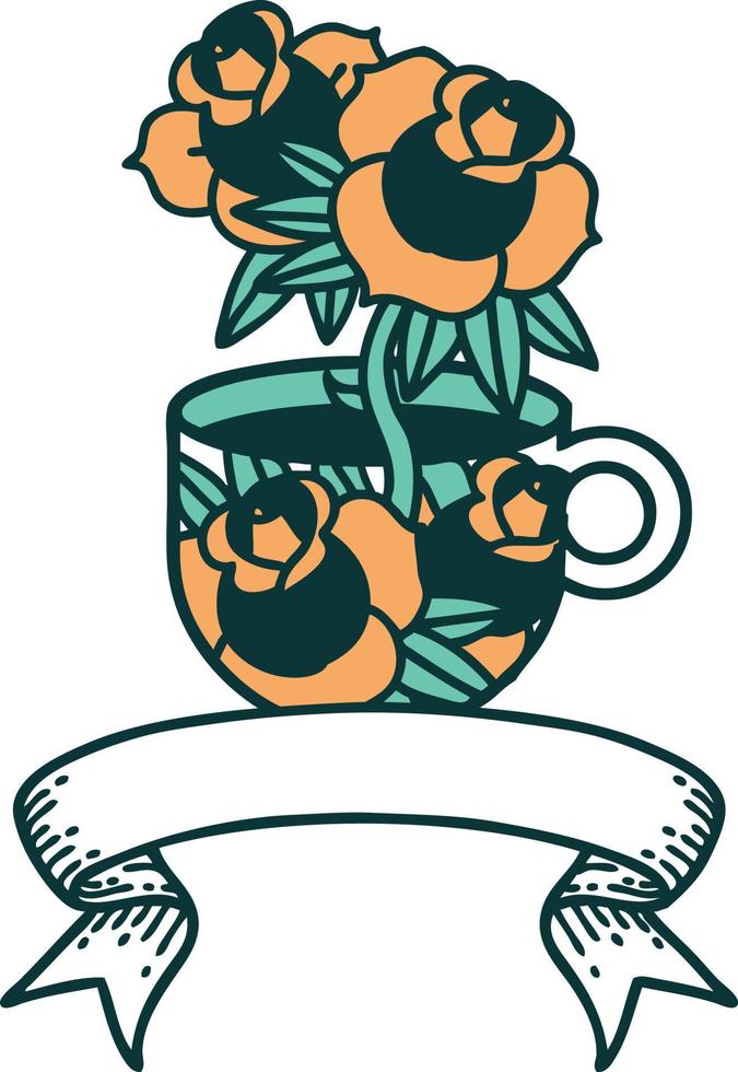 tatouage traditionnel avec bannière d'une tasse et de fleurs vecteur