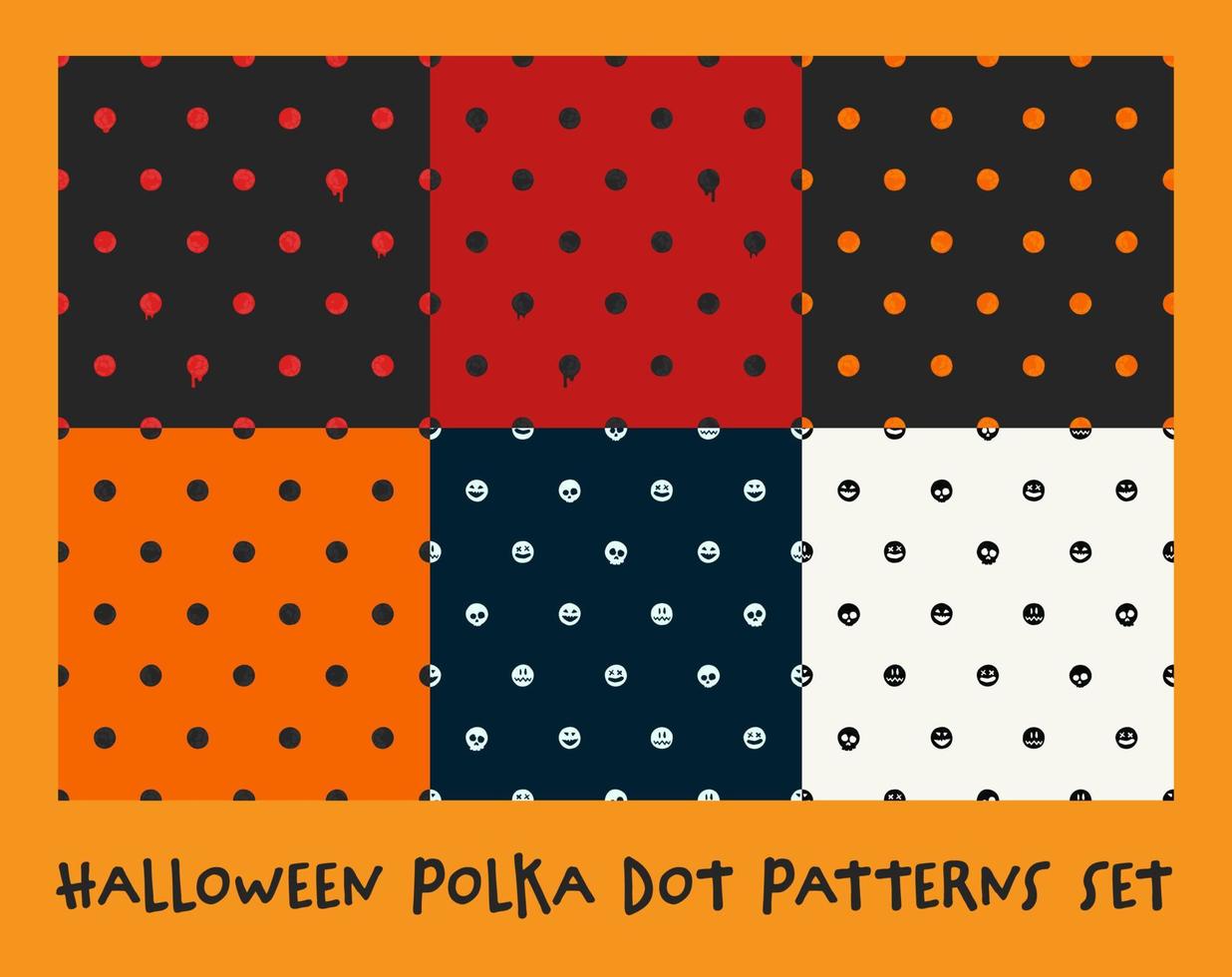 ensemble de motifs sans couture à pois d'halloween, collection de modèles de vacances effrayants. vecteur eps, ensemble de 6 dessins, avec des fantômes, des points sanglants et des fonds de citrouille, du papier d'emballage, du textile et plus encore.