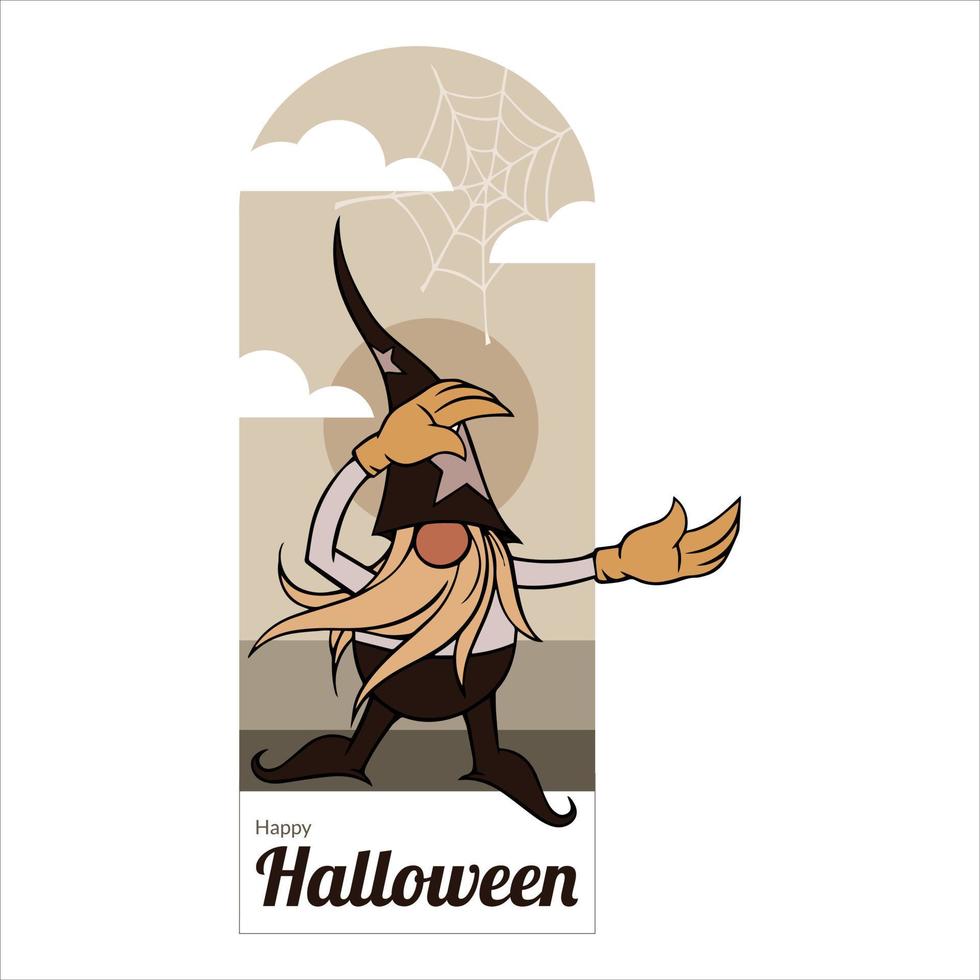 le gnome d'halloween est à la mode, excité pour les vacances. parfait pour la décoration ou comme élément de votre design. peut également être appliqué sur des peintures murales, des cartes de vœux de vacances et des livres d'histoires pour enfants. vecteur