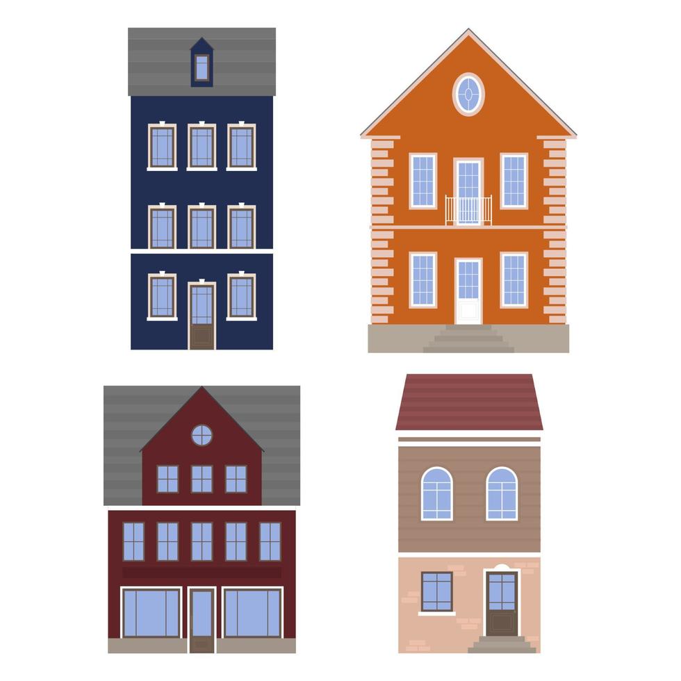 ensemble de maisons illustration vectorielle plane extérieure vue de face avec toit. appartement de construction de maison de ville. façade de maison avec portes et fenêtres vecteur