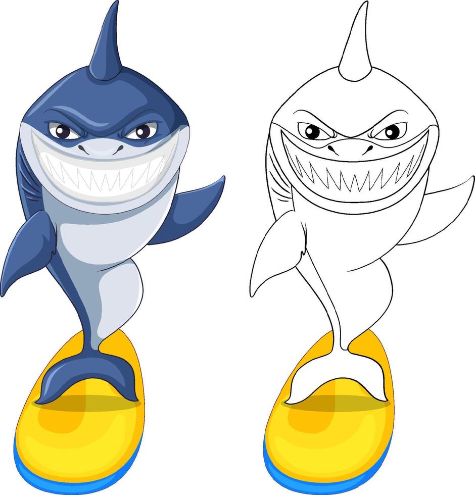 personnage de dessin animé de requin avec son contour de doodle surf vecteur