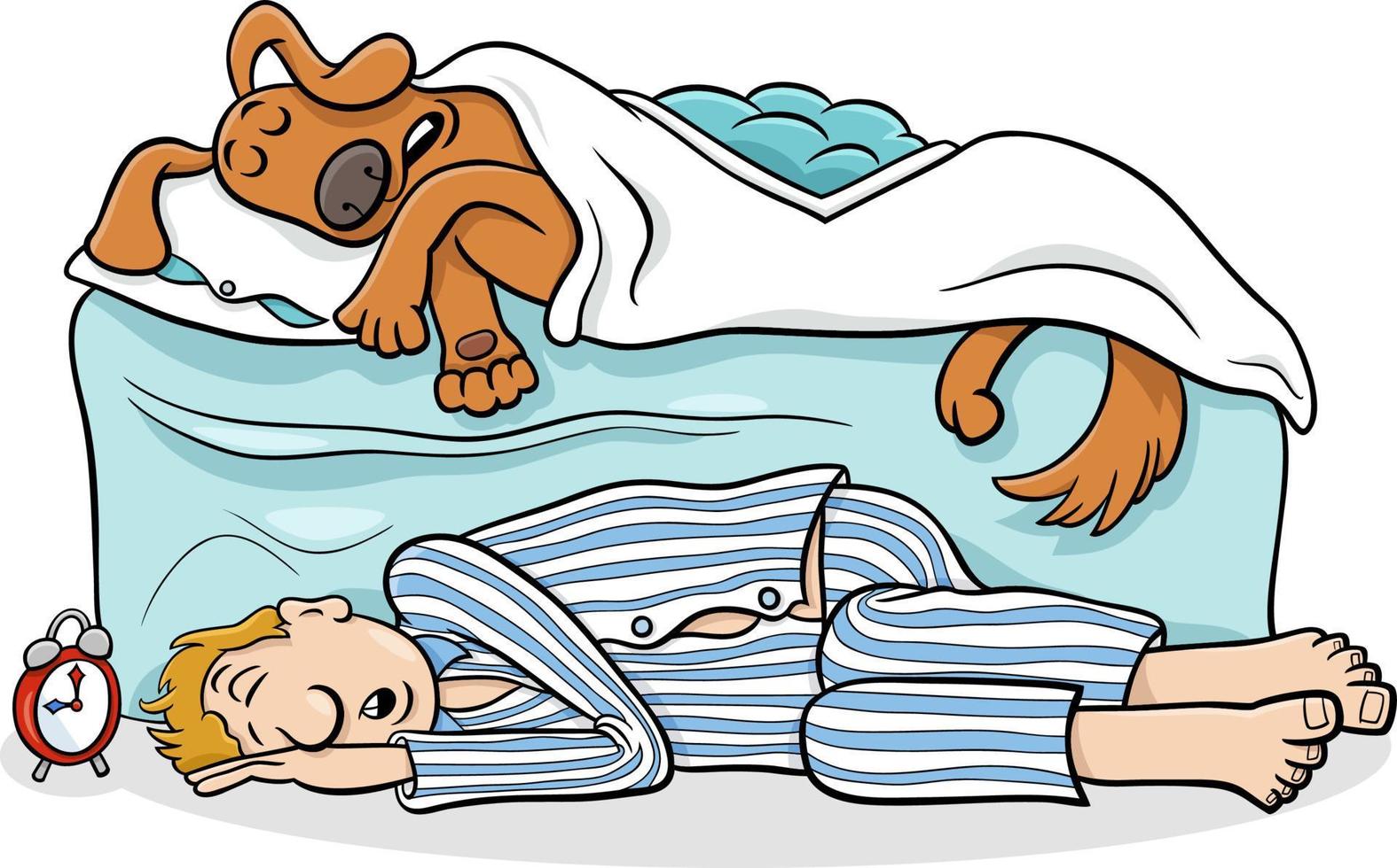 chien de dessin animé dormant dans son lit et son propriétaire sur le sol vecteur