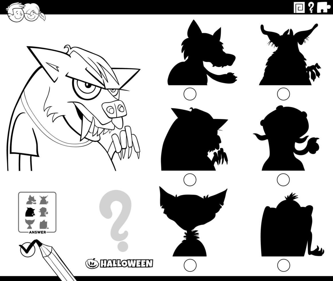 jeu d'ombre avec loup-garou de dessin animé sur la page de coloriage d'halloween vecteur