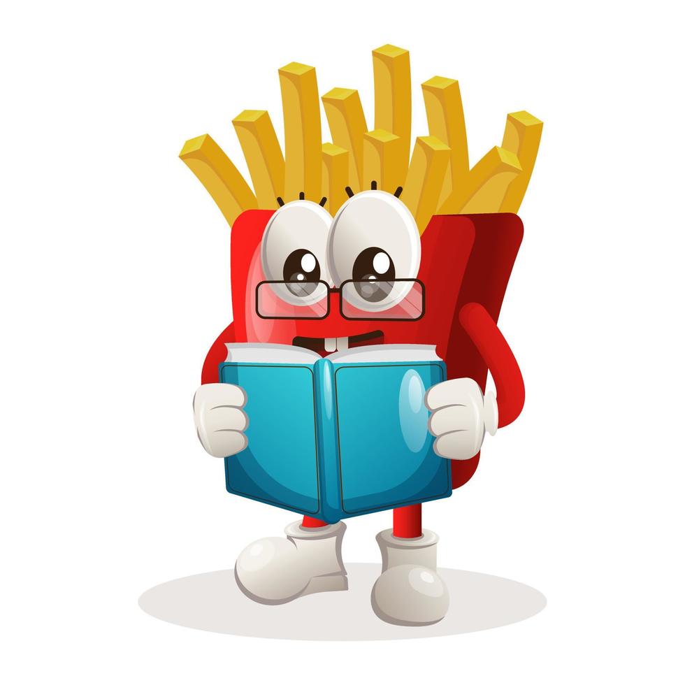 Jolie mascotte de frites lisant un livre vecteur