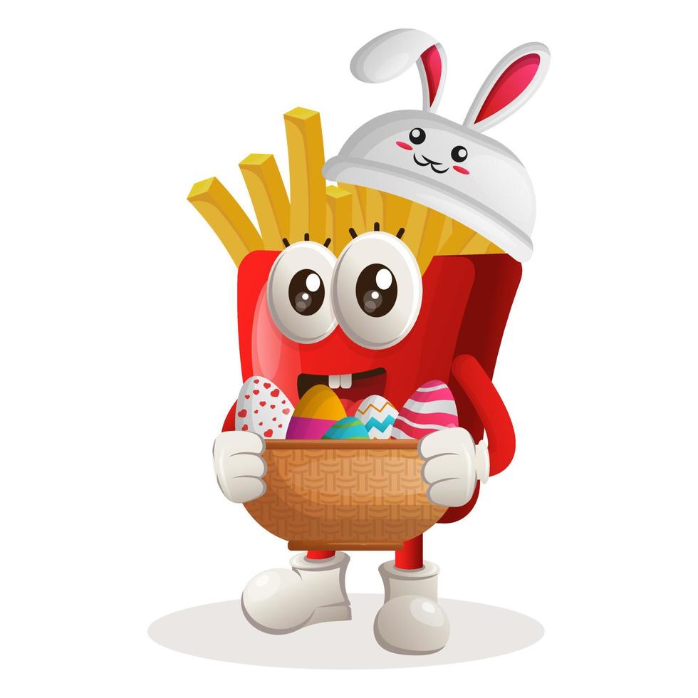 jolie mascotte de frites portant la casquette de lapin tenant un oeuf de pâques dans un panier vecteur