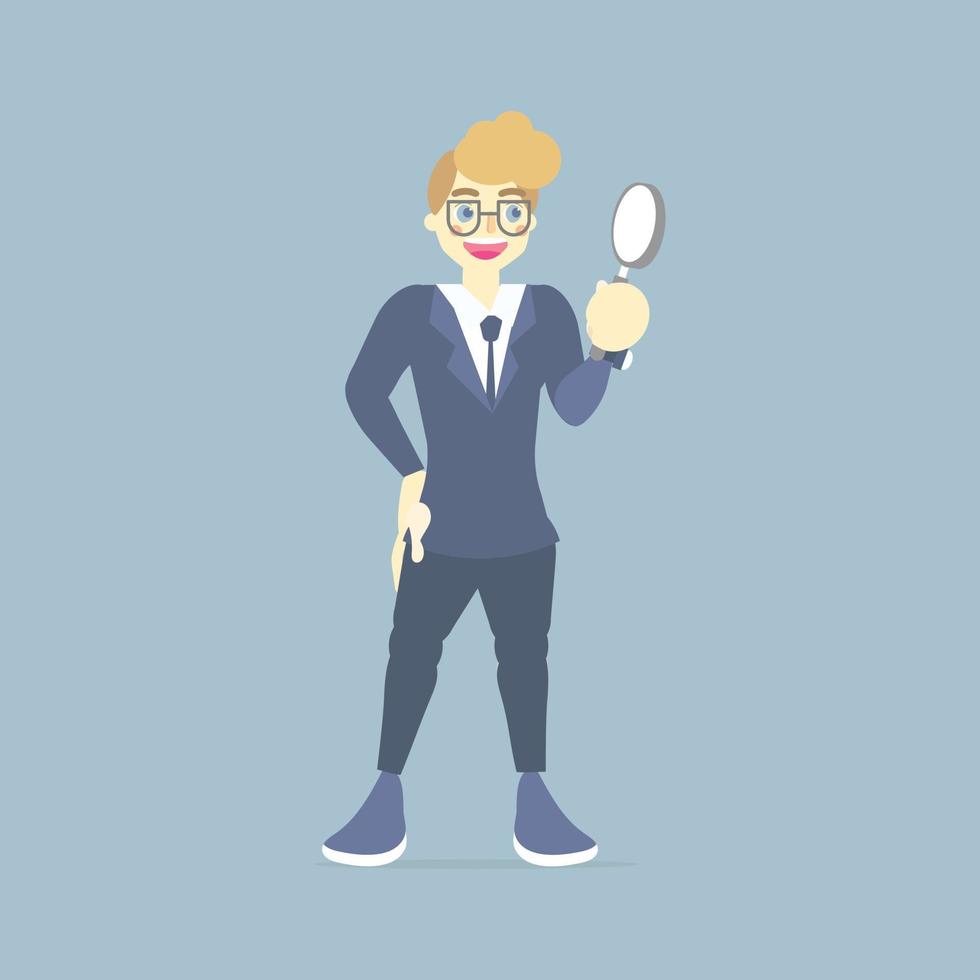 homme d'affaires heureux et souriant en costume tenant une loupe, concept de financement d'entreprise, illustration vectorielle plate dessin animé de personnage clip art vecteur