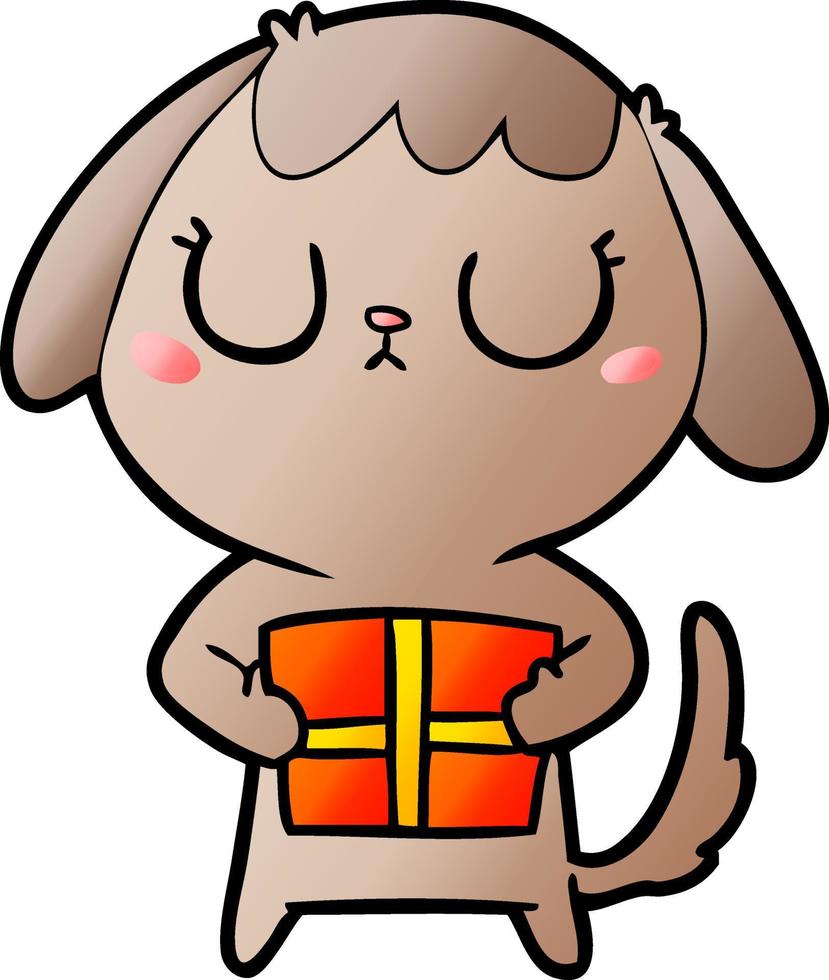 chien de dessin animé mignon avec cadeau de noël vecteur