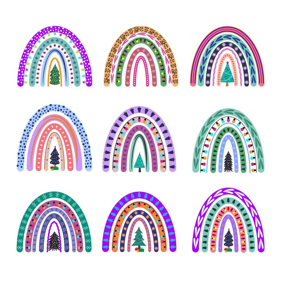 ensemble d'arc-en-ciel de noël. éléments décoratifs du nouvel an isolés collection de phrases de noël. illustration drôle d'arc-en-ciel de vacances de noël. drôle doodle clipart décoratif vecteur