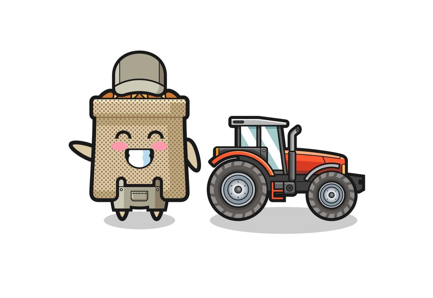 la mascotte du fermier de sac de blé debout à côté d'un tracteur vecteur