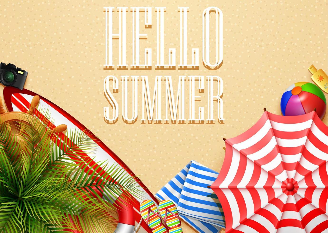 Bonjour bannière de vacances d'été. vue de dessus des feuilles tropicales et des collections d'éléments de plage sur fond de sable vecteur