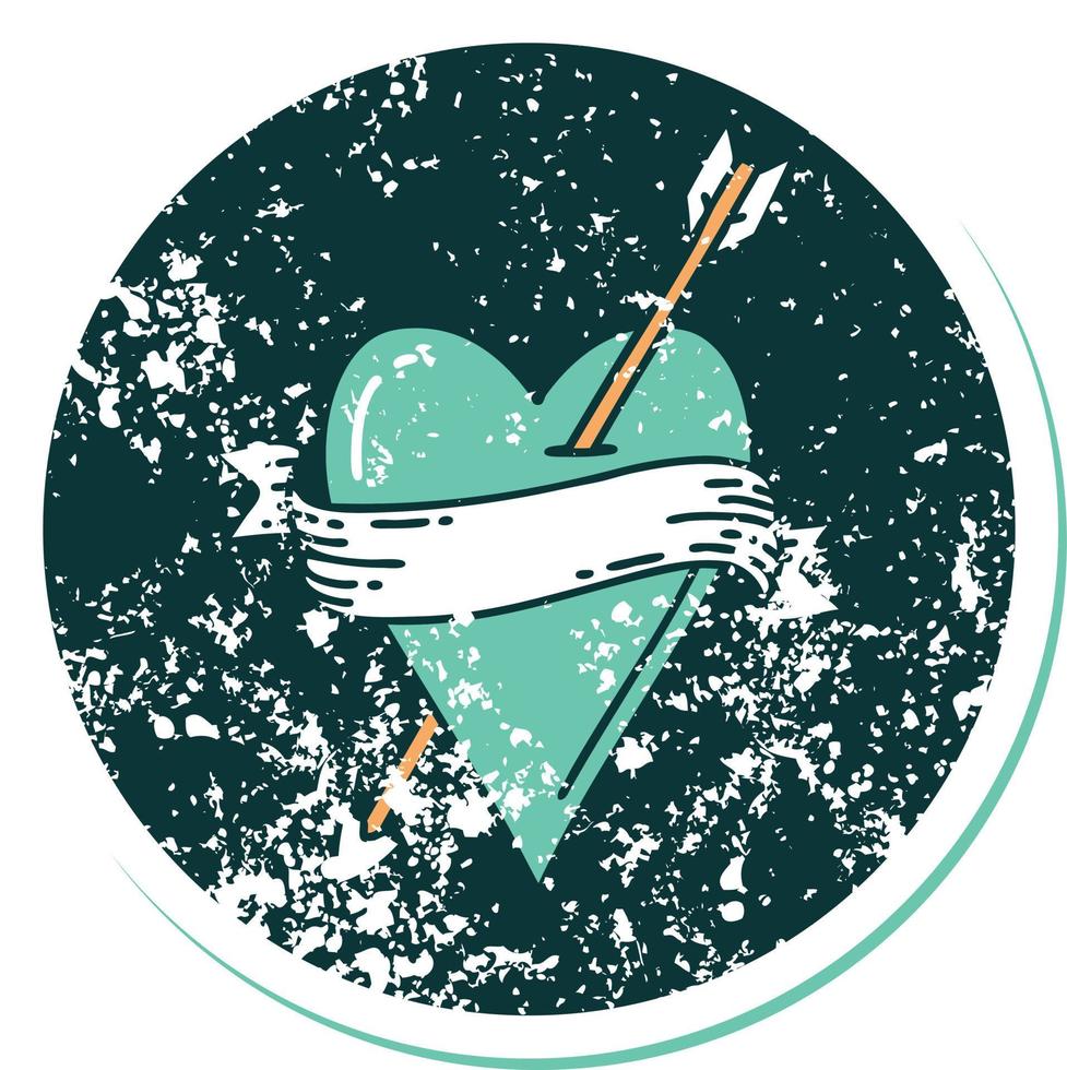 image emblématique de style tatouage d'autocollant en détresse d'un coeur et d'une bannière de flèche vecteur