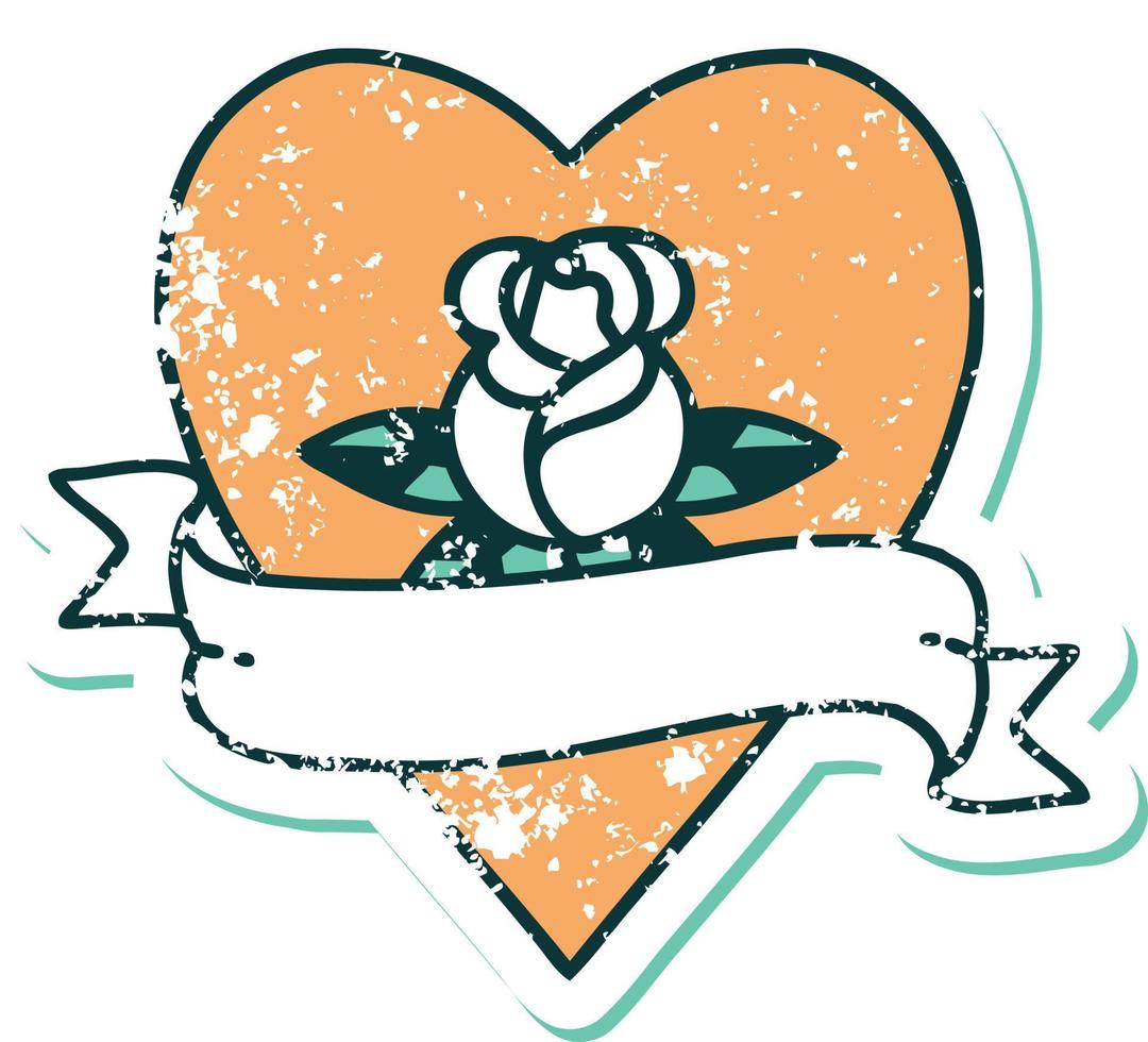 image emblématique de style tatouage d'autocollant en détresse d'une rose de coeur et d'une bannière vecteur