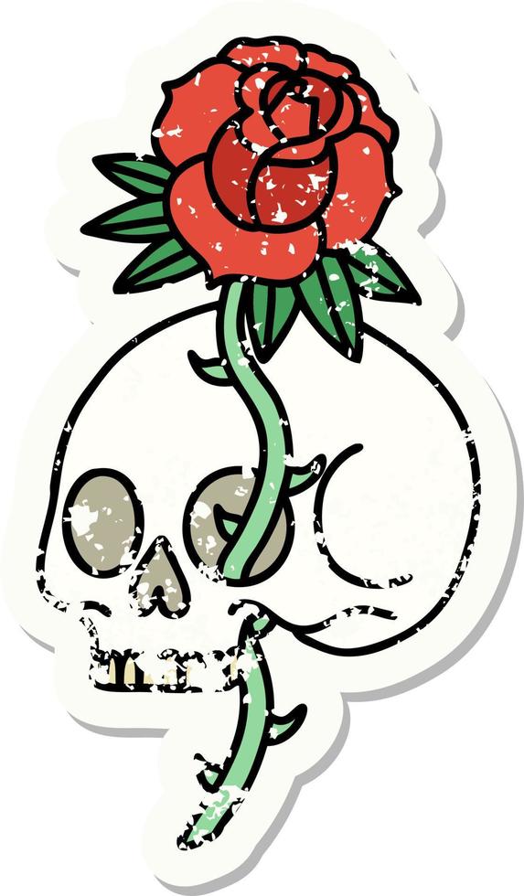 tatouage d'autocollant en détresse dans le style traditionnel d'un crâne et d'une rose vecteur