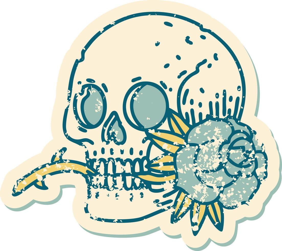 image emblématique de style tatouage d'autocollant en détresse d'un crâne et d'une rose vecteur