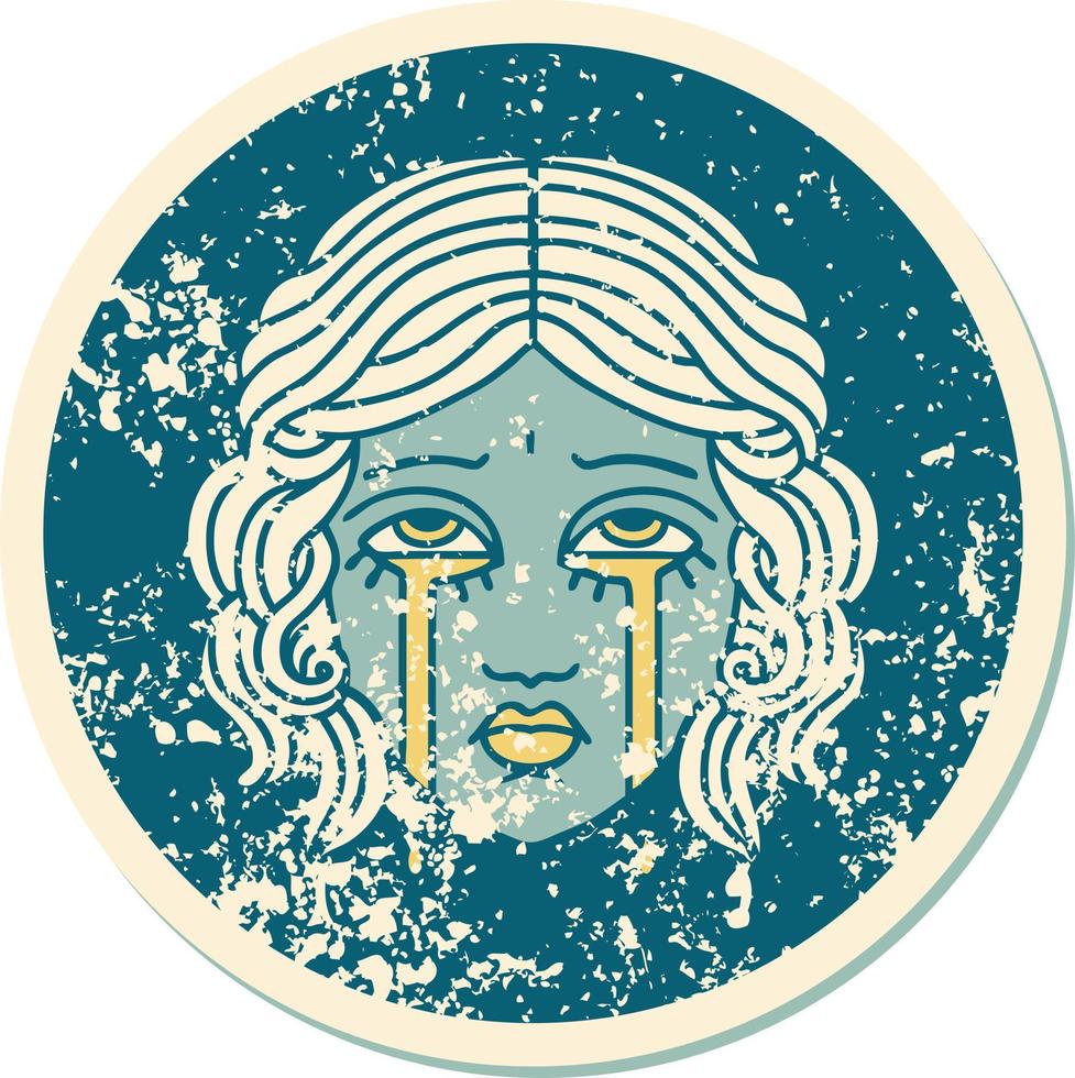 image emblématique de style tatouage d'autocollant en détresse d'un visage féminin en pleurs vecteur