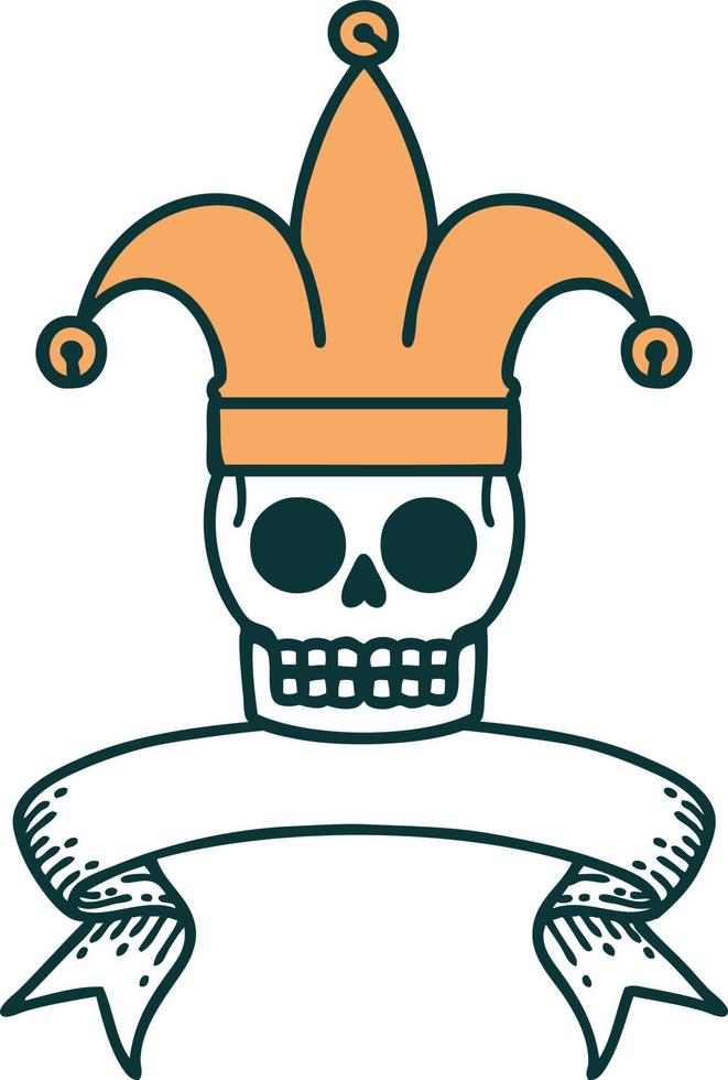 tatouage traditionnel avec bannière d'un bouffon du crâne vecteur