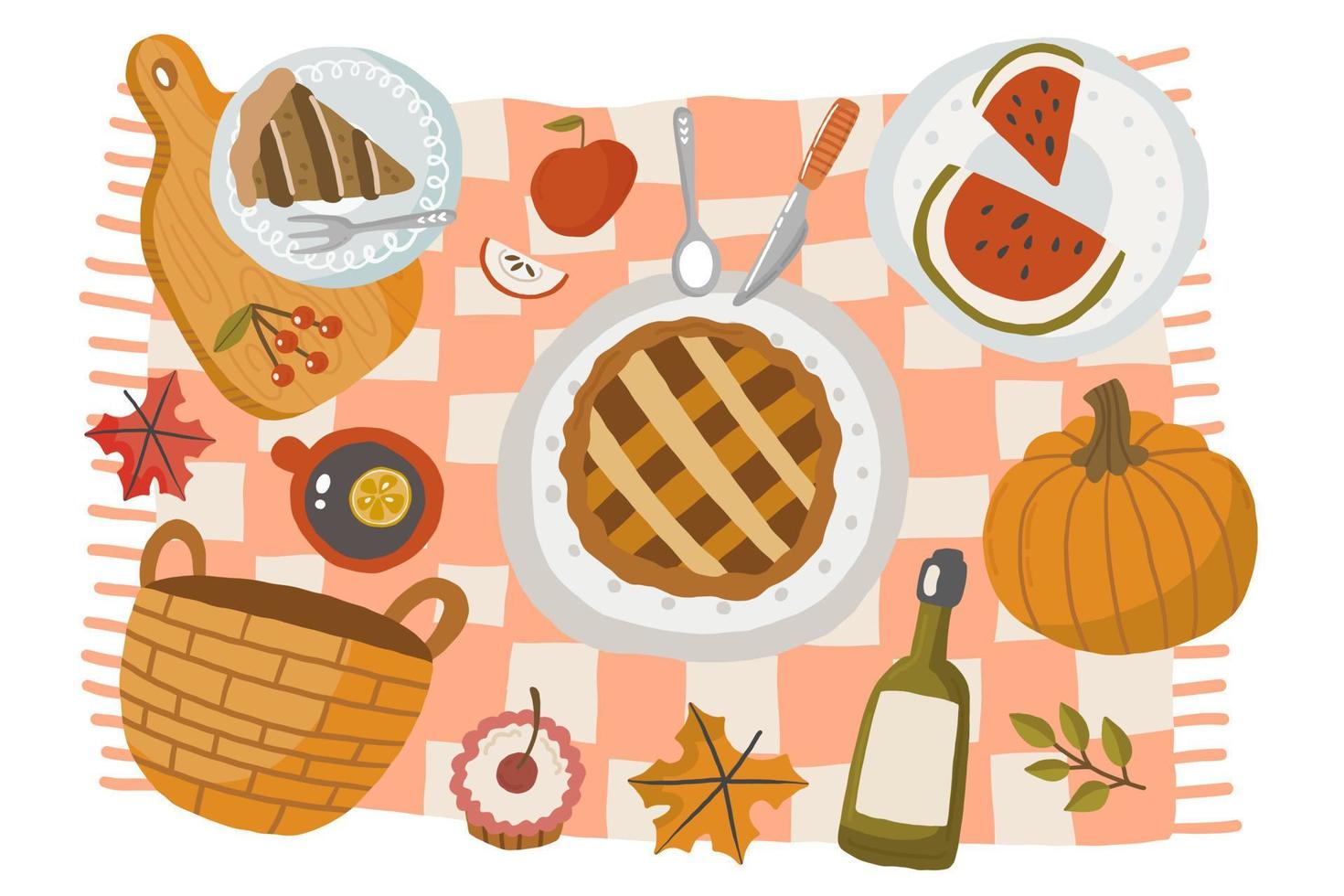 scène de pique-nique d'automne avec une délicieuse cuisine de saison, un décor, une tenue. tarte aux pommes, citrouille, fruits, vin, croissant, thé. une nourriture saine et saine à l'air frais. illustration vectorielle de dessin animé vecteur