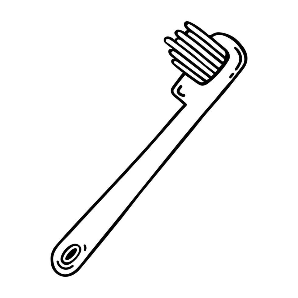 icône de vecteur de brosse à dents. illustration dessinée à la main isolée sur blanc. brosse en bambou avec poils naturels. hygiène de la cavité buccale, des dents. contour noir, griffonnage. clipart pour l'impression, les cosmétiques, le logo, l'application