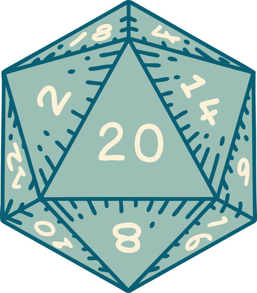 image emblématique de style tatouage d'un dé d20 vecteur