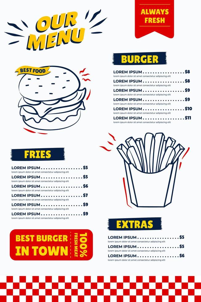 menu de hamburger de restauration rapide de restaurant vecteur