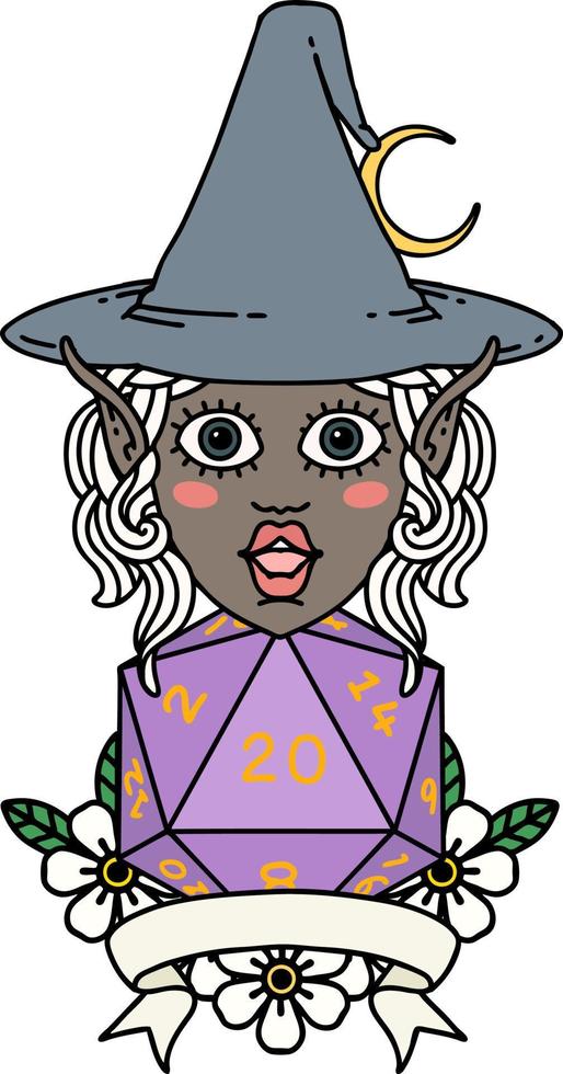 personnage de mage elfe de style tatouage rétro avec un rouleau de vingt dés naturel vecteur