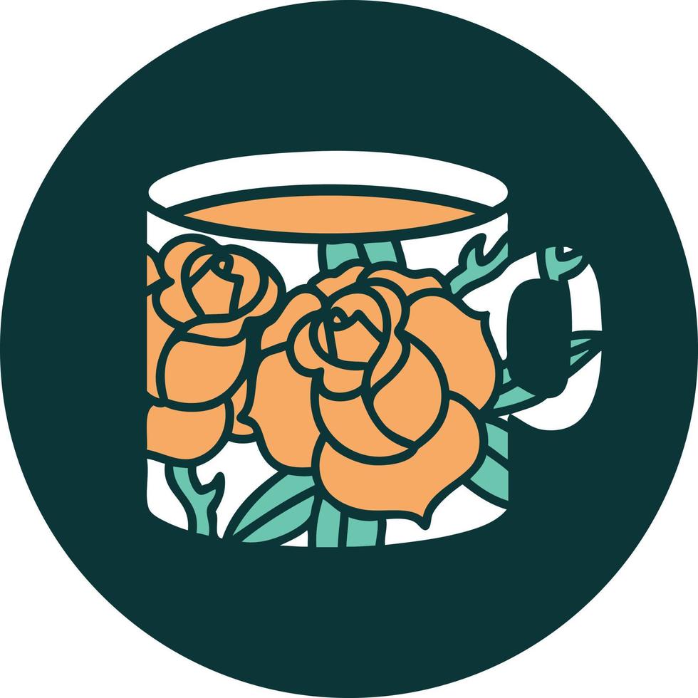 image emblématique de style tatouage d'une tasse et de fleurs vecteur