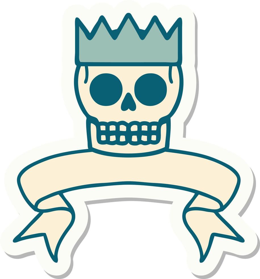 autocollant de style tatouage avec bannière d'un crâne et d'une couronne vecteur