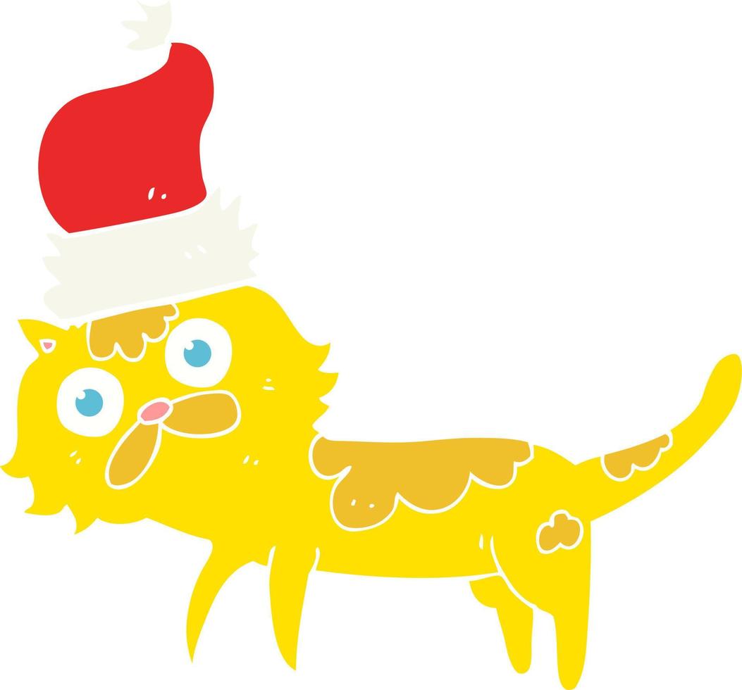 illustration en couleur plate d'un chat portant un chapeau de noël vecteur