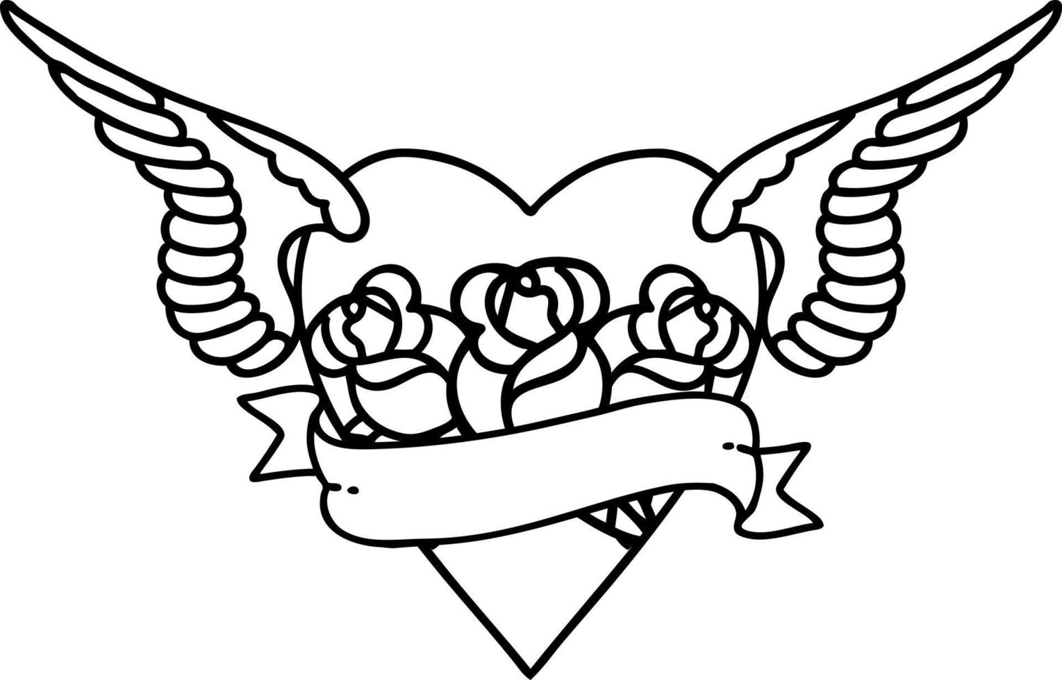 tatouage dans le style de ligne noire de coeur avec ailes fleurs et bannière vecteur