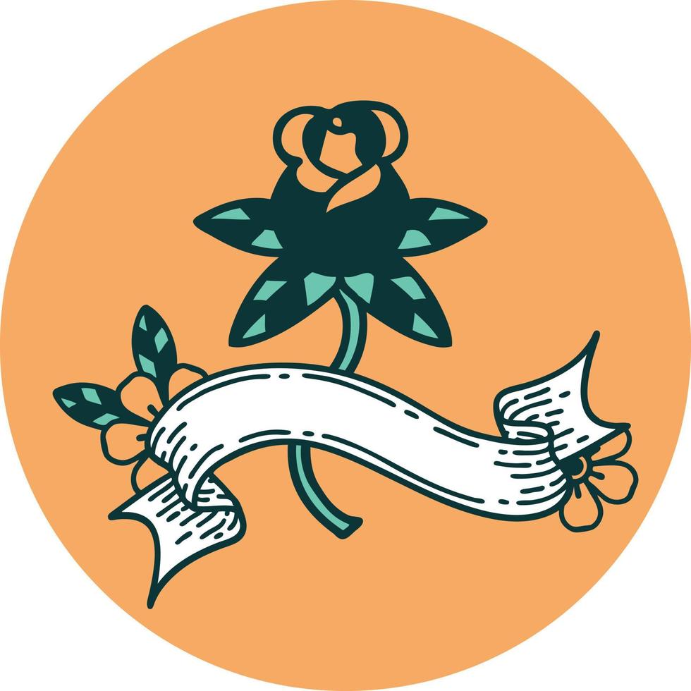 icône de style tatouage avec bannière de rose vecteur