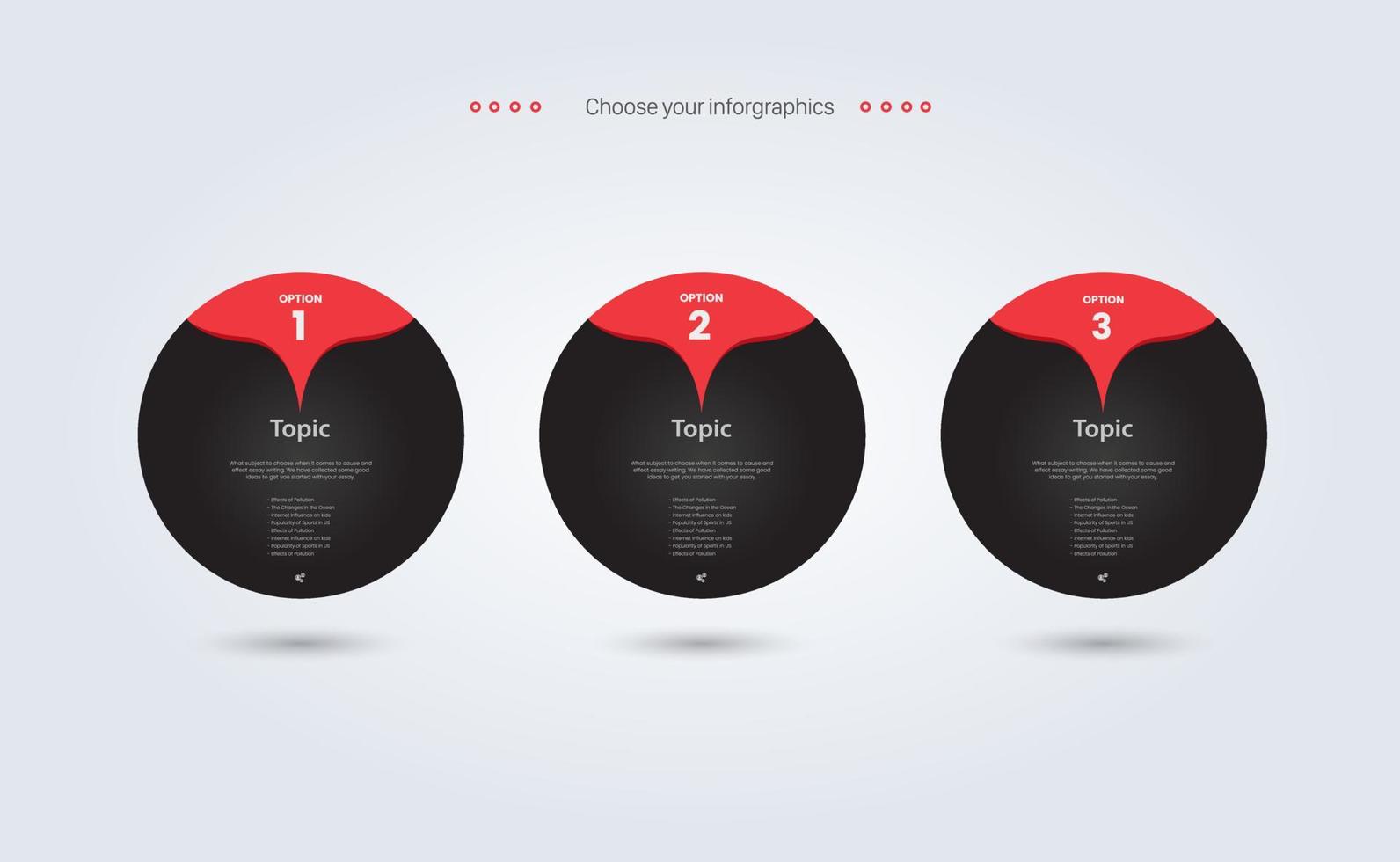 trois des infographies vectorielles circulaires dans la conception d'éléments roses foncés et rouges, options d'infographie de cercles avec modèle de 3 bannières, utilisées dans la vente de marketing hors vecteur d'affiche promotionnelle, conception d'illustration