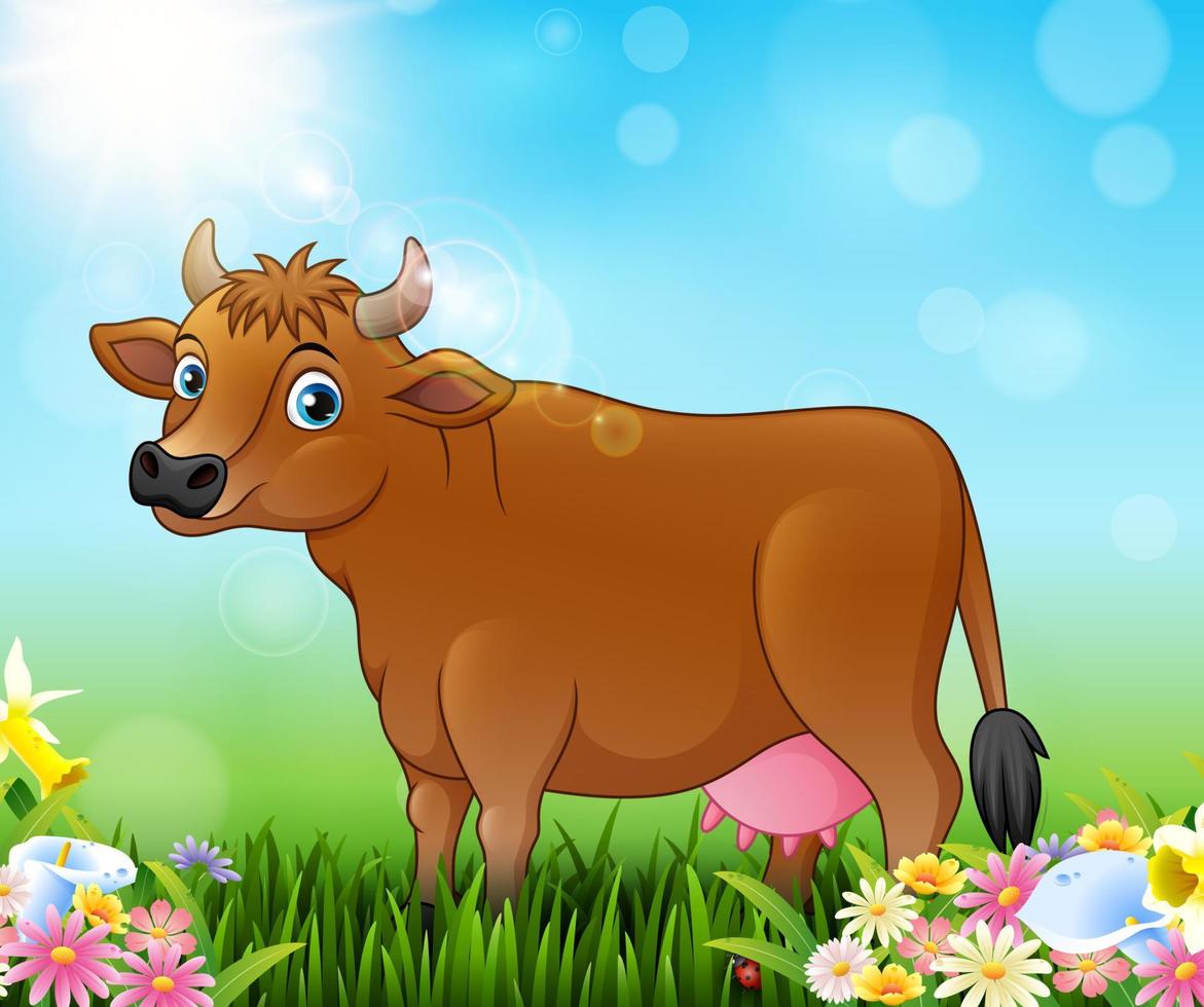 dessin animé vache brune avec fond de nature vecteur