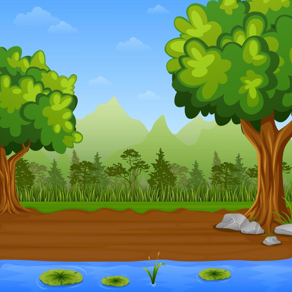paysage verdoyant avec pins et lac vecteur