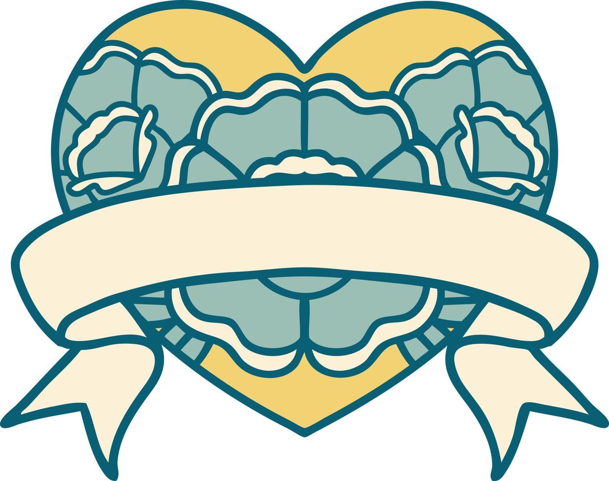image emblématique de style tatouage d'un coeur et d'une bannière avec des fleurs vecteur