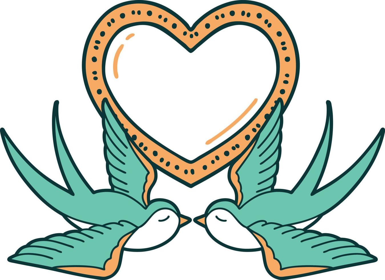 image emblématique de style tatouage d'hirondelles et d'un coeur vecteur