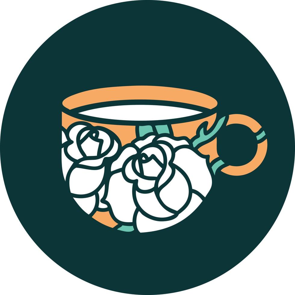 image emblématique de style tatouage d'une tasse et de fleurs vecteur