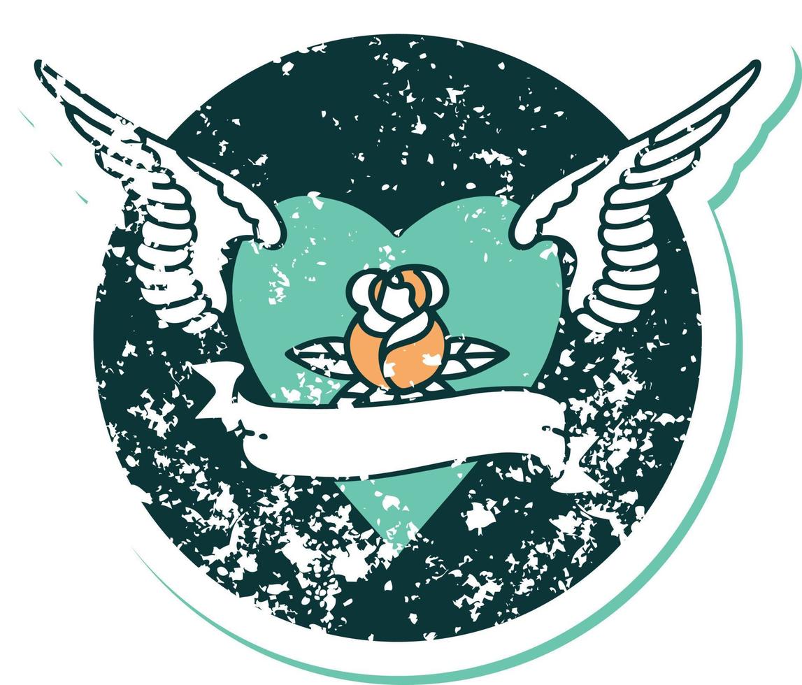 image emblématique de style tatouage autocollant en détresse de coeur avec des ailes une rose et une bannière vecteur