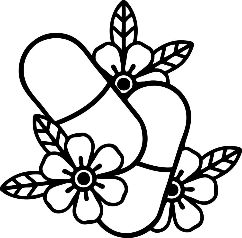 tatouage dans le style de ligne noire de pilules et de fleurs vecteur