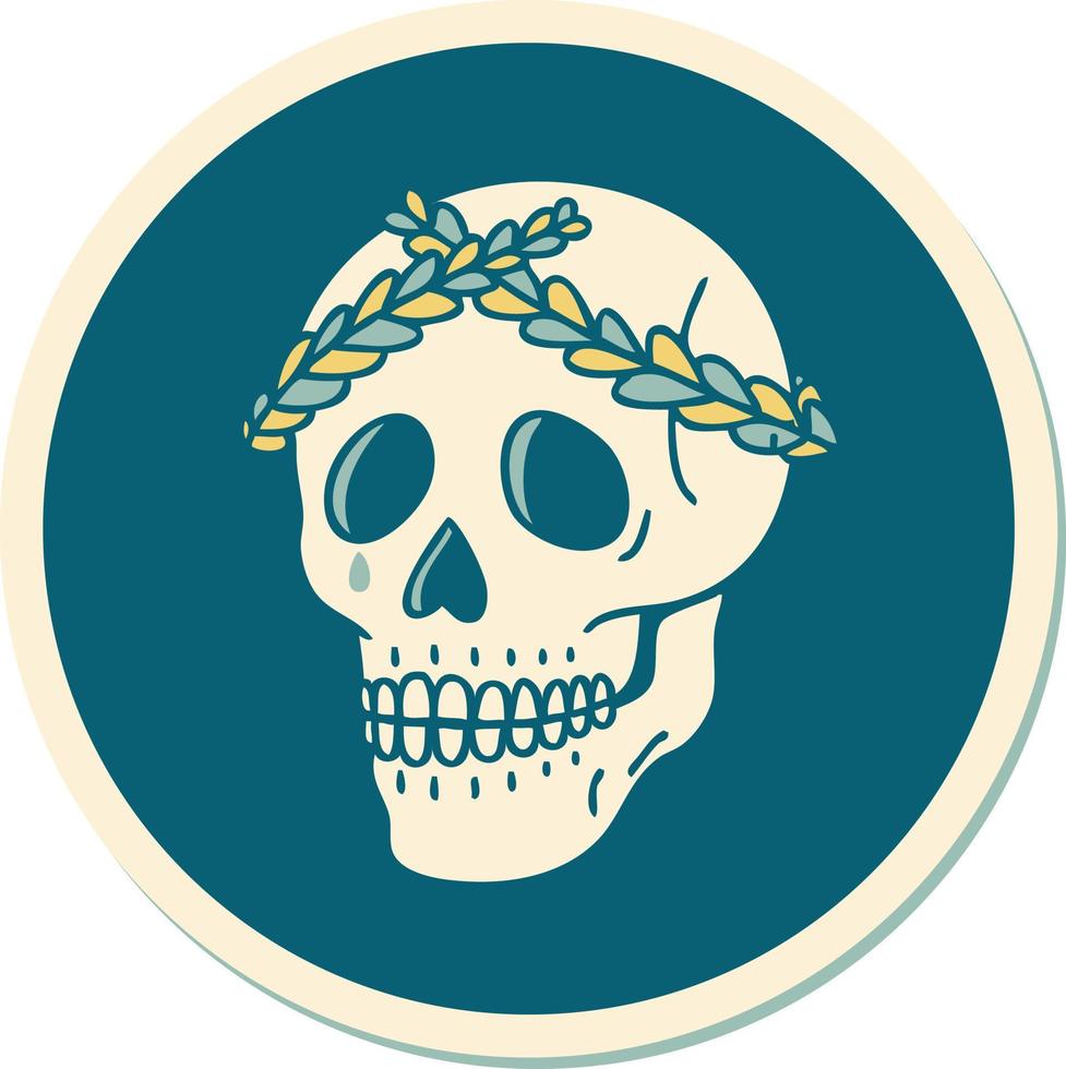 autocollant de tatouage dans le style traditionnel d'un crâne avec couronne de laurier vecteur