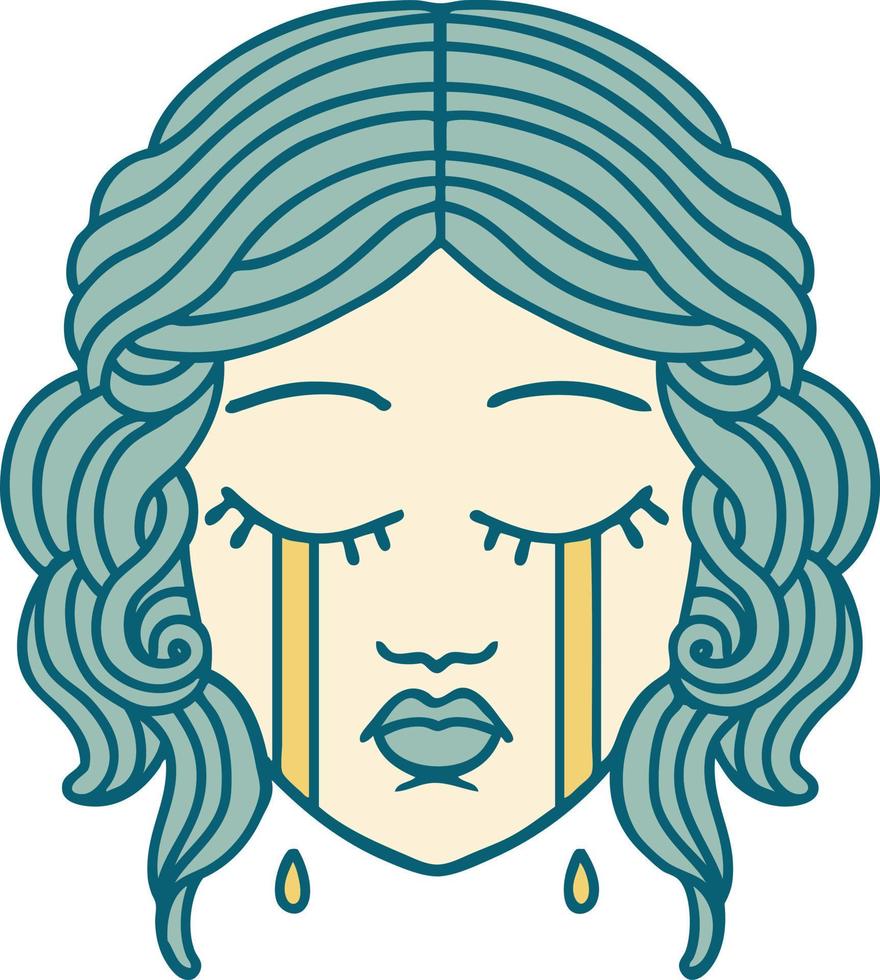 image de style de tatouage emblématique du visage féminin qui pleure vecteur
