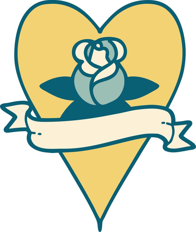 image emblématique de style tatouage d'une rose de coeur et d'une bannière vecteur
