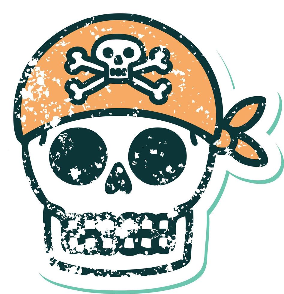 image emblématique de style tatouage d'autocollant en détresse d'un crâne de pirate vecteur