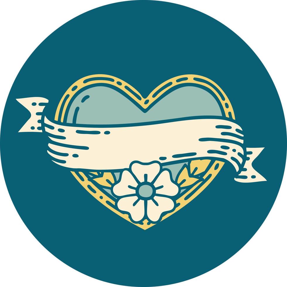 image emblématique de style tatouage d'un coeur et d'une bannière avec des fleurs vecteur