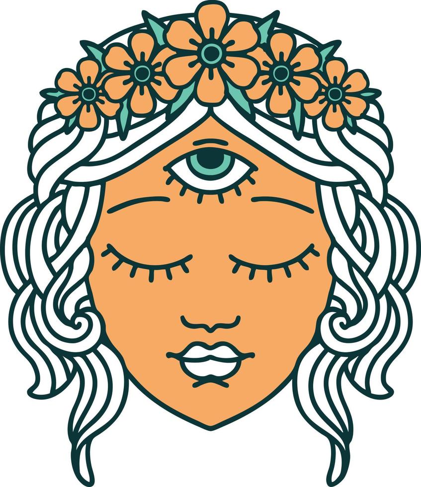 image de style tatouage emblématique du visage féminin avec troisième oeil et couronne de fleurs vecteur