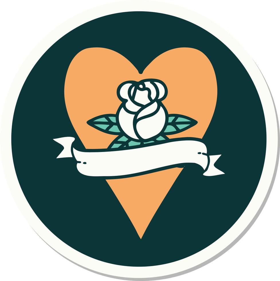 autocollant de tatouage dans le style traditionnel d'une rose de coeur et d'une bannière vecteur