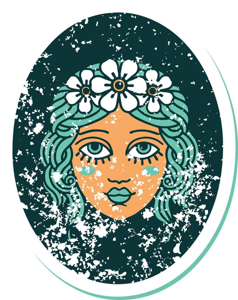 image emblématique de style tatouage d'autocollant en détresse d'une jeune fille avec des fleurs dans les cheveux vecteur