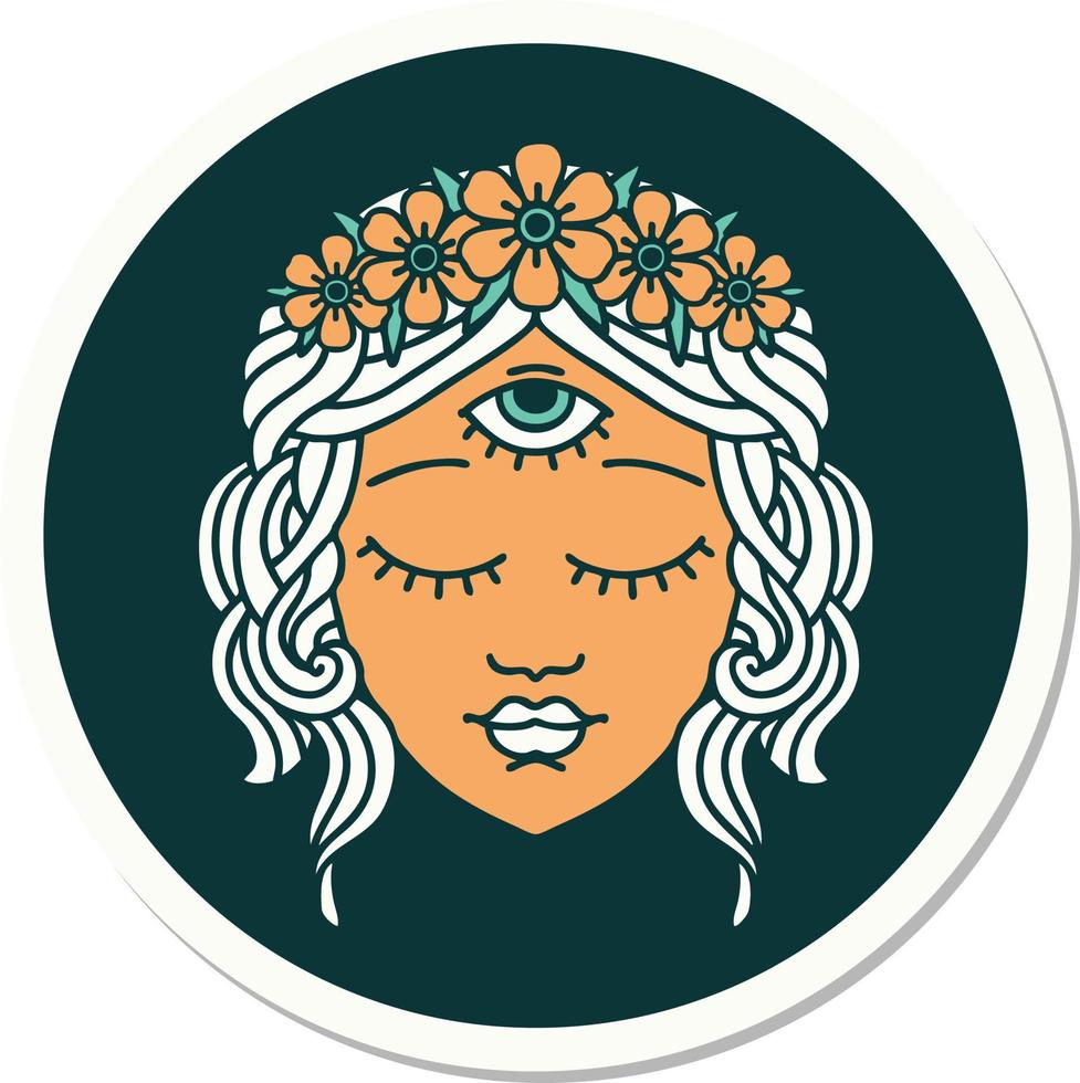 autocollant de tatouage dans le style traditionnel du visage féminin avec troisième oeil et couronne de fleurs vecteur