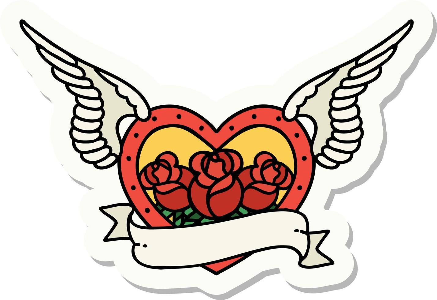 autocollant de tatouage dans le style traditionnel d'un coeur volant avec des fleurs et une bannière vecteur